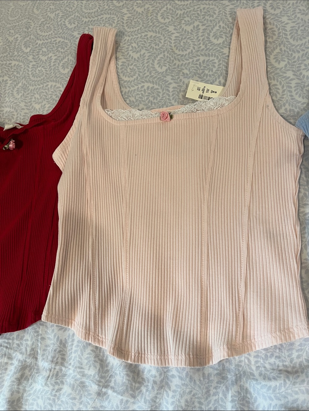 Aeropostale Ribbed Square set of 3-Neck Tank Tops - Red, Light Pink, Light Blue - Picture 2 of 5